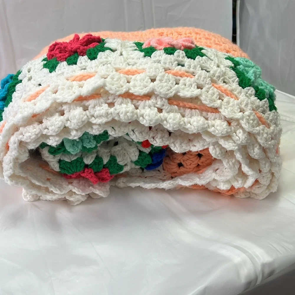 Throw Floral Knitted Hand Made Crafted 46 x43